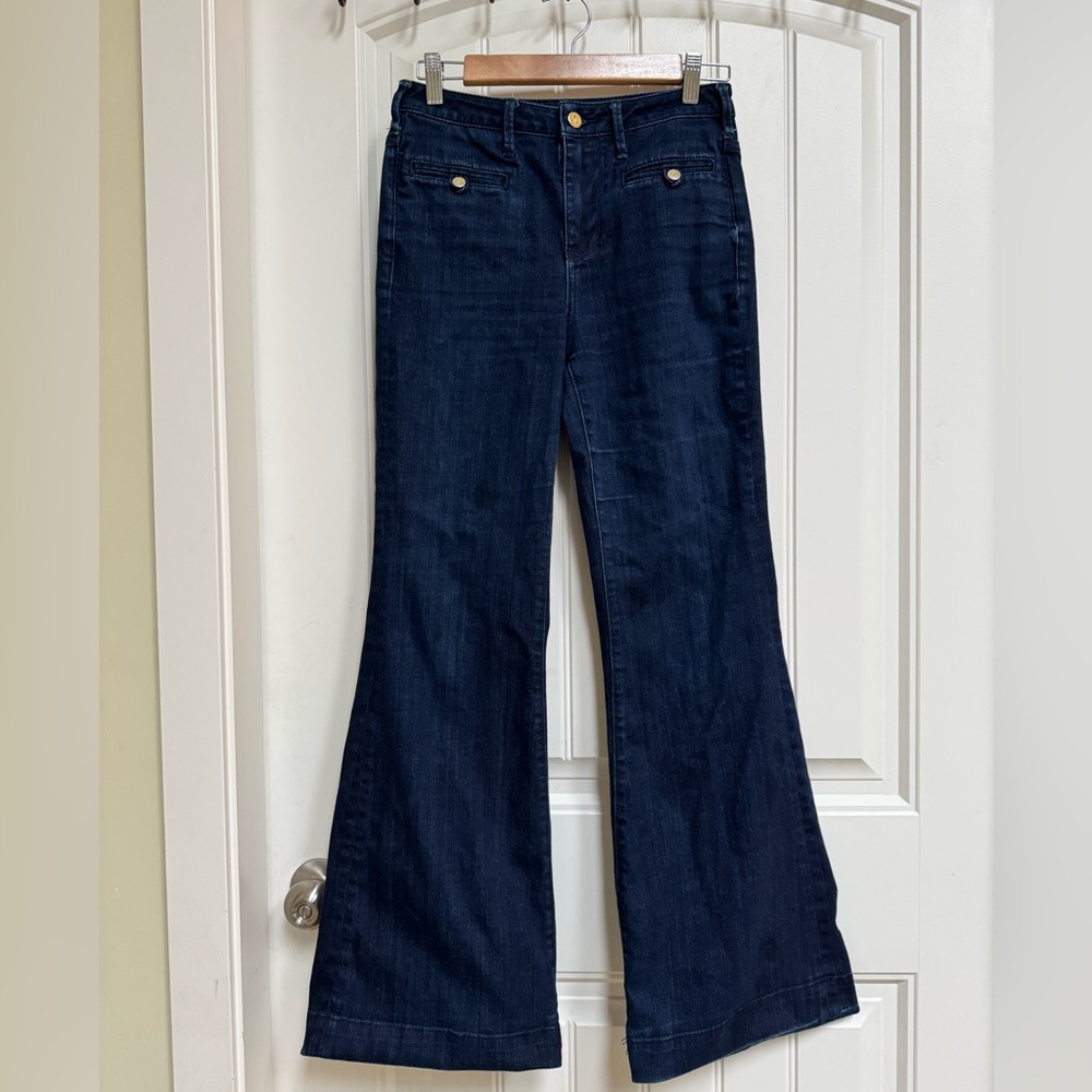 Pilcro and the Letterpress High Waisted Flat Front Boot Leg Jeans.